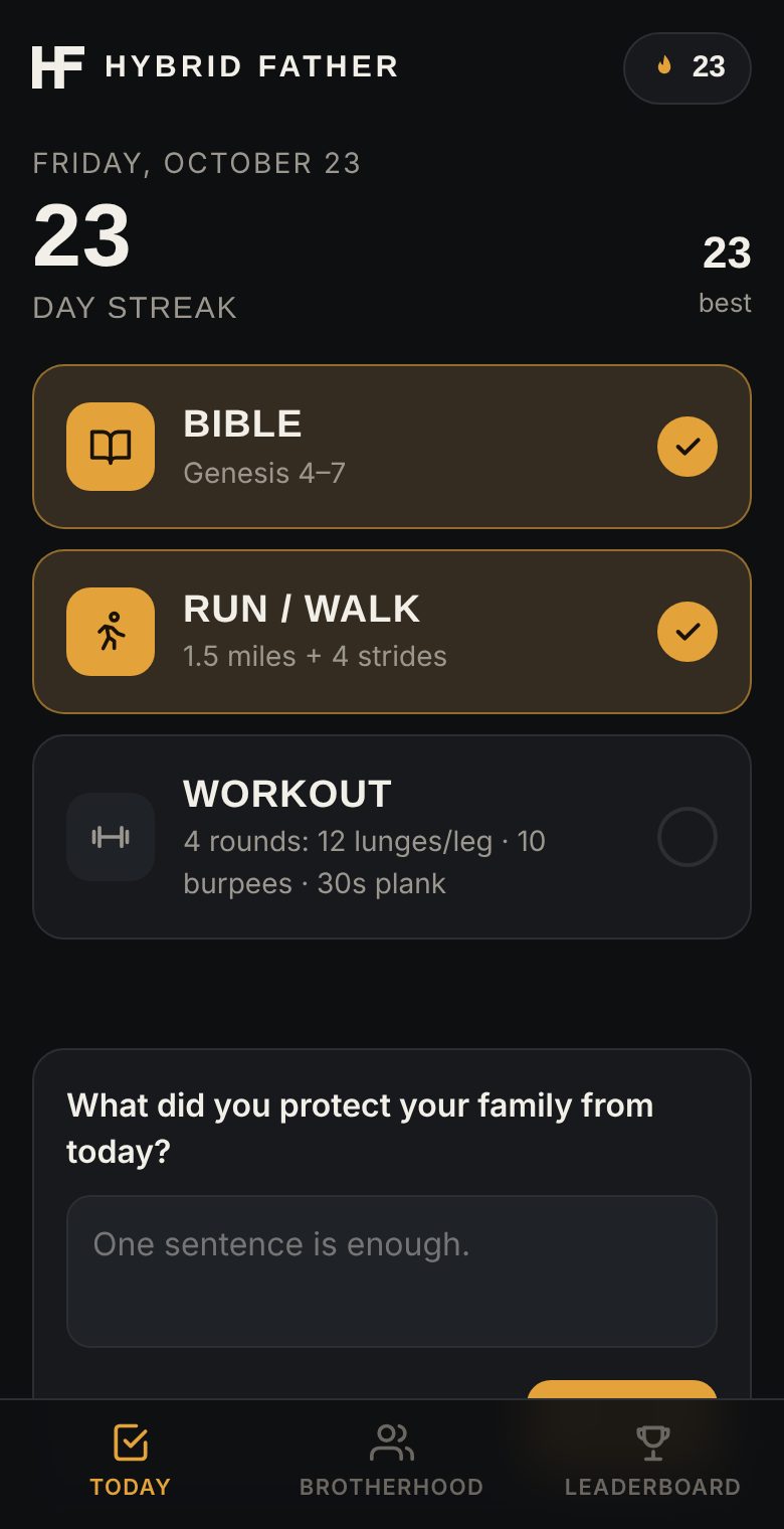 The Today screen with Bible, Run / Walk and Workout checkboxes and a 23-day streak
